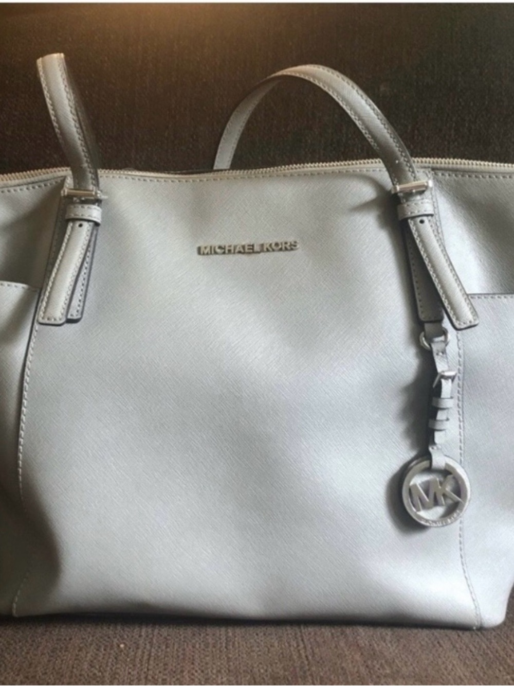 Michael Kors Light Gray Saffiano Leather Tote with MK Charm